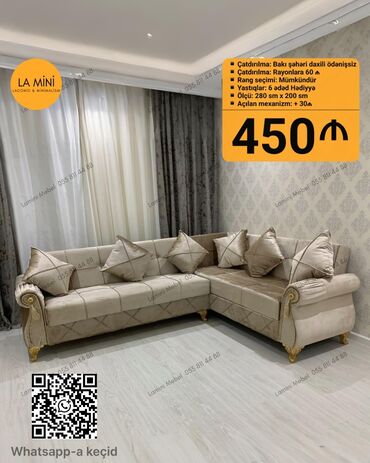 дорогая мебель: Künc divan, Açılmayan, Bazasız, Vеlur parça, Şəhərdaxili pulsuz çatdırılma