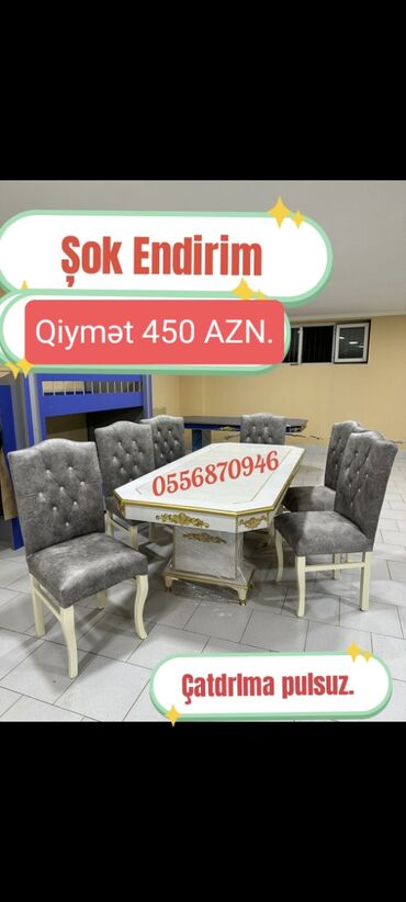 Masa və oturacaq dəstləri: Qonaq otağı üçün, Yeni, Açılmayan, Dördbucaq masa, 6 stul — 1