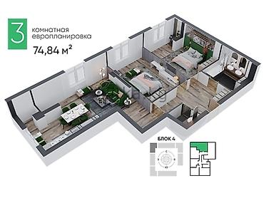 Продажа квартир: 3 комнаты, 74 м², АЮ Гранд Элитка, 9 этаж, ПСО (под самоотделку) — 2