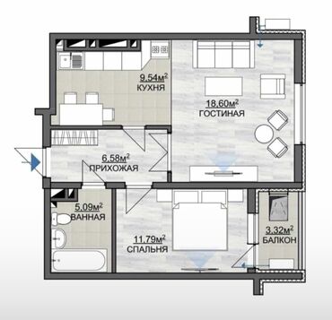 однушка квартиры: Строится, Элитка, 1 комната, 55 м²