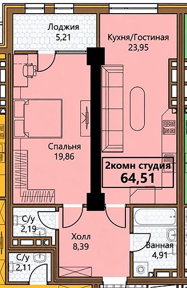 15 кв: 2 комнаты, 64 м², Элитка, 4 этаж, ПСО (под самоотделку) — 2