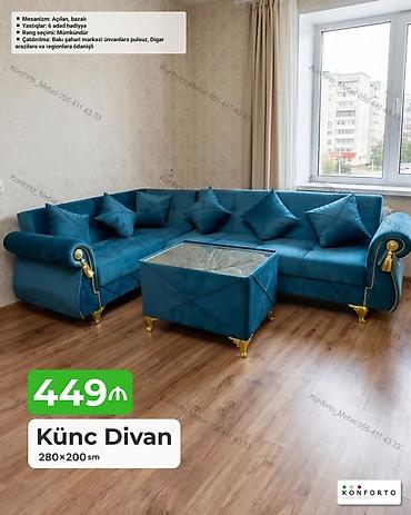 Divanlar: Künc divan – 280×200 sm • Mexanizm: açılan, bazalı (yataq funksiyası — 1