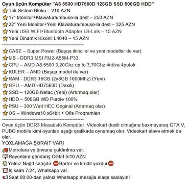 Masaüstü kompüterlər və iş stansiyaları: Oyun üçün Kompüter "A8 5500 HD7560D 128GB SSD 500GB HDD” ⭐Tək Sistem -da lalafo.az — 3 Masaüstü kompüterlər və iş stansiyaları: Oyun üçün Kompüter "A8 5500 HD7560D 128GB SSD 500GB HDD” ⭐Tək Sistem — 3
