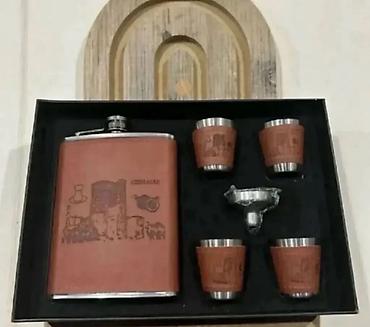 ovçular kolbasa: Dəri üzlü cib kolbası (flask) dəsti - Material: paslanmayan polad — 1