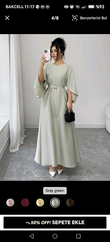 tutun siqaret: Zərif maxi don – “gray green” rəng - Model: A-kəsim, axıcı ətəkli uzun — 3