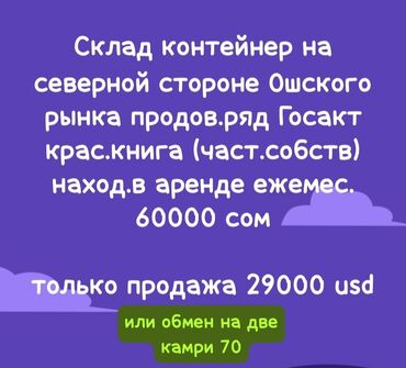 Торговые контейнеры: Склад контейнер Ошский р--к, площадь 24м2 на продовольственном ряде с