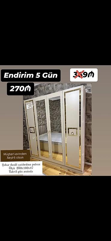 işlənmiş mebel alan: *4 qapılı dolab Endirim 270AZN💥* ▫️Rəng seçimi var ▫️Şəhər daxili — 2