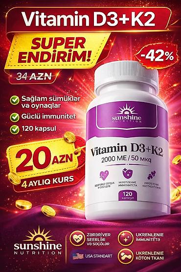 vitera d3 qiyməti: Vitamin D3 + K2 (Sunshine Nutrition) - Tərkib: D3 – 2000 ME, K2 – 50 — 1