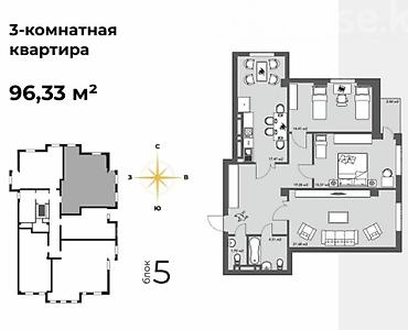 2022: 3 комнаты, 96 м², АУЦА Элитка, 6 этаж, ПСО (под самоотделку) — 2
