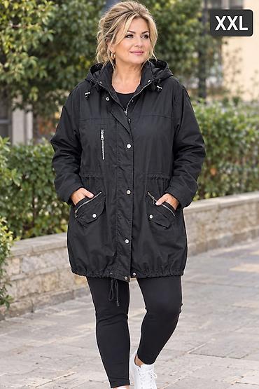 pull: Ženska parka jakna, crna - Kroj: duža parka sa podesivim strukom — 1