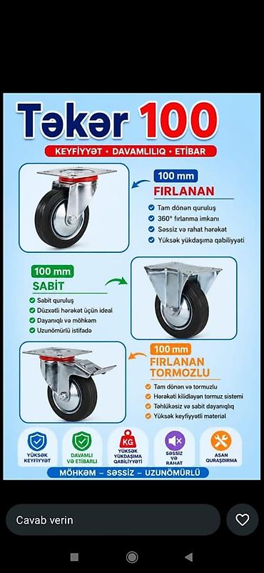 Təkər 100 – 100 mm sənaye təkərləri Variantlar: - 100 mm fırlanan -
