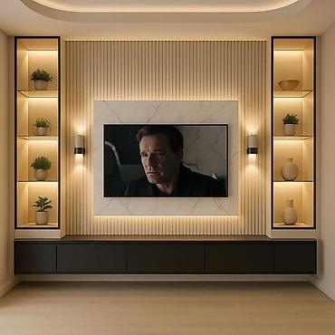 televizor dekoru alcipan: Müasir TV divar paneli və media konsolu dizaynı - Dizayn: Minimal və — 7
