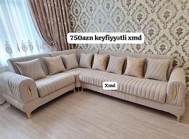 divan deri: L‑şəkilli yumşaq künc divan - Rəng: açıq bej/krem - Material: məxməri — 1