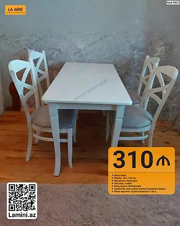 Mebel: Məhsul: Masa dəsti - Tərkib: 1 ədəd masa + 4 ədəd stul - Ölçülər — 1