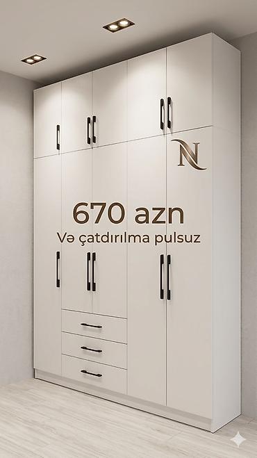 divar ref: Ağ rəngli, müasir dizaynlı paltar dolabı - 6 qapılı əsas bölmə + — 1
