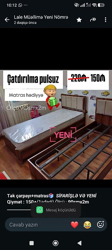 tek salon: *Tək çarpayı+matras🎁* _*SİFARİŞLƏ VƏ YENİ*_ *Qiymət : 150₼*(1ədədi) — 2