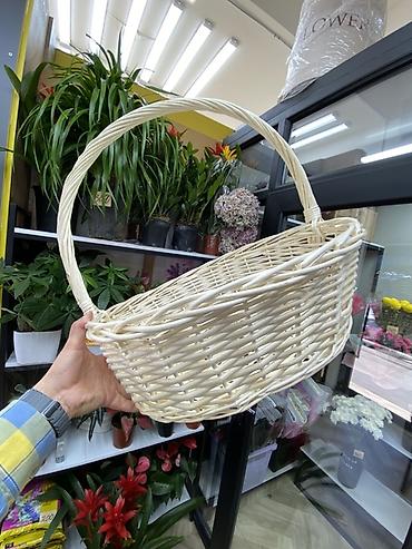Плетёная корзина с ручкой, овальная, светлого натурального оттенка. -