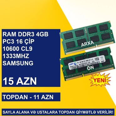 Ana platalar: Operativ yaddaş (RAM) Samsung, 4 GB, 1333 Mhz, DDR3, Noutbuk üçün, Yeni