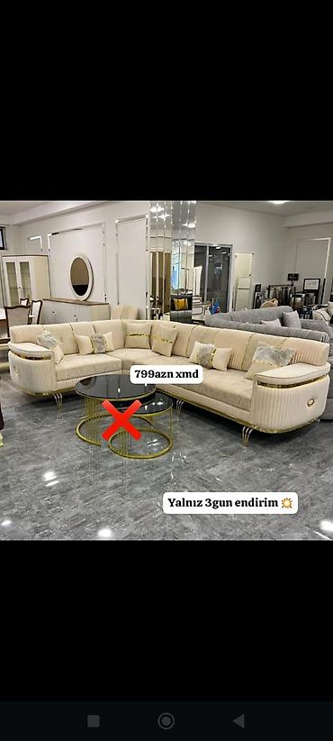 kunc divan: L‑şəkilli yumşaq künc divan - Rəng: krem/bej tonları, qızılı dekor — 1