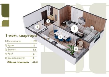 квартиро: 1 комната, 42 м², Индивидуалка, 9 этаж, ПСО (под самоотделку)