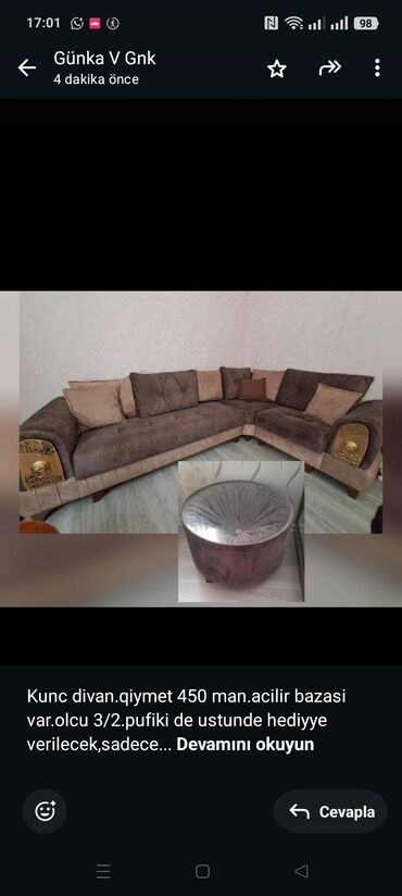 Yataq otağı dəstləri: Kunc divan.qiymet 450 man.acilir bazasi var.olcu 3/2.pufiki de ustunde