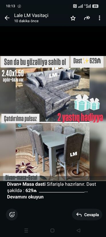 Mətbəx mebeli: *Divan+ Masa dəsti* Sifarişlə hazırlanır. Dəst şəkildə : *629₼*