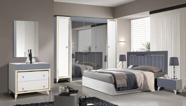 металлический кроват: Спальный гарнитур, Двуспальная кровать, Шкаф, Комод, цвет - Белый, Новый