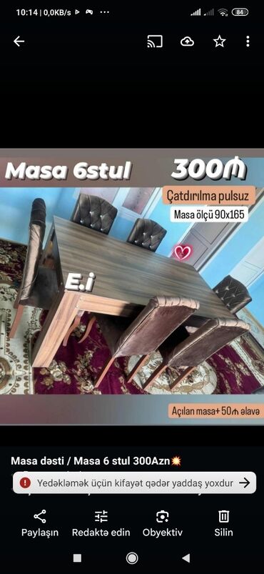 Masa və oturacaq dəstləri: Qonaq otağı üçün, Yeni, Açılmayan, Dördbucaq masa, 6 stul — 16