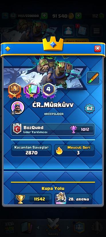 Digər kolleksiyalar: Clash Royale hesabı - Kral səviyyəsi: 62 - Kupa: 11 542+ - Qızıl: 91 — 14