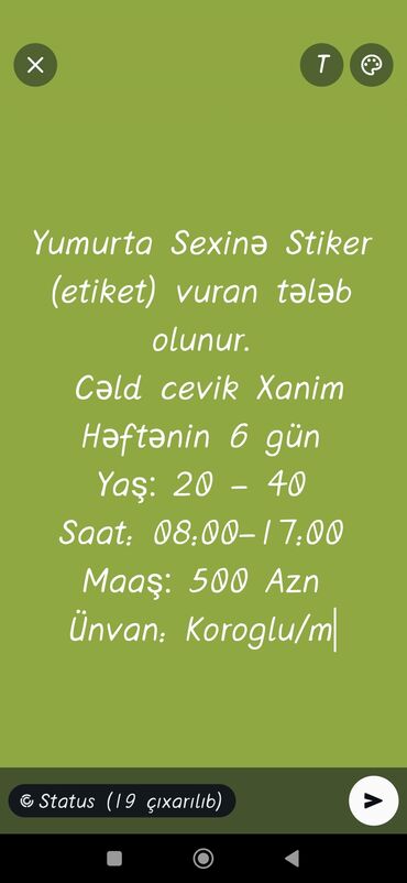 Строительные специальности: Yumurta Sexinə Stiker (etiket) vuran tələb olunur. Cəld cevik Xanim