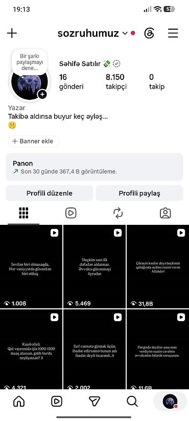 Satılır Instagram səhifəsi – **sozruhumuz** Mövzu yönümlü sitat və