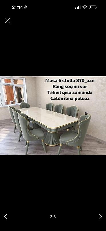 - Masa + 6 stul dəsti - Qiymət: 870 AZN (şəkildə göstərilib) - Rəng