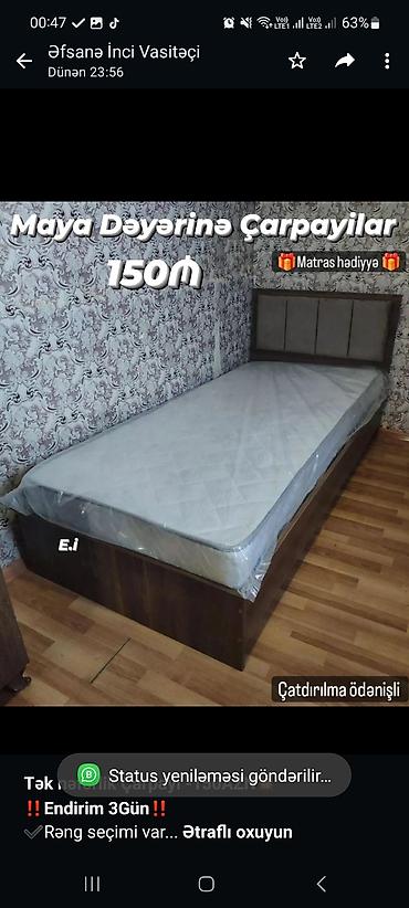 Sifarişlə mebel: *Tək nəfərlik Çarpayı -150AZN💥* *‼️Endirim 3Gün‼️* ✔️Rəng seçimi var — 1