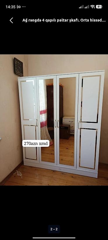 Ağ rəngdə 4 qapılı paltar şkafı. - Klassik dizayn, qızılı konturlu