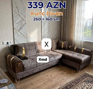 kunc divan: Künc divan – 260 × 160 sm - Rəng: tünd qəhvəyi, qızılı dekorativ — 1