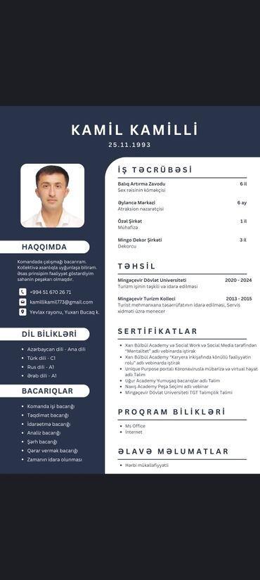 Digər ixtisaslar: Iş axtarıram.2məktəb oxumuşam.6 ildən çox rəsmi iş təcrübəm var.iş