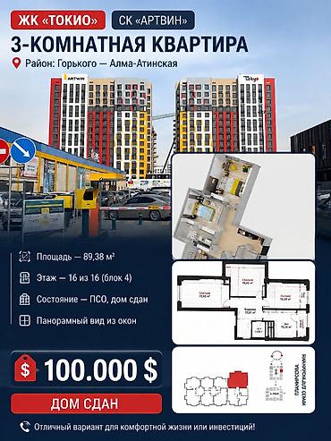 artwin: 3 комнаты, 89 м², ул. Горького / Алматинка Элитка, 16 этаж, ПСО (под самоотделку) — 1
