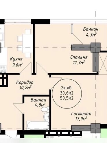 земельная доля: 2 бөлмө, 59 кв. м, Элитка, 11 кабат, ПСО (өзү оңдоп түзөтүп бүтүү үчүн)