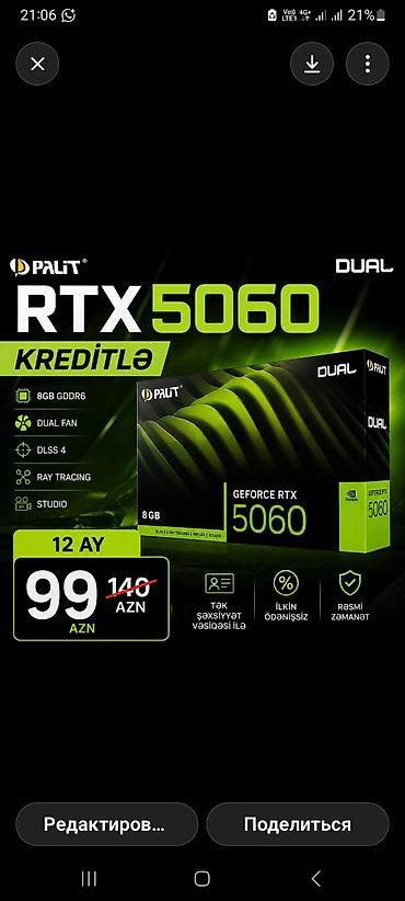 geforce: Palit GeForce RTX 5060 Dual – 8 GB GDDR6 videokart Xüsusiyyətlər: - 8 — 1