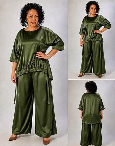 silvia pantalone: Fa, Damski komplet od satena – bluza i široke pantalone - Materijal — 2