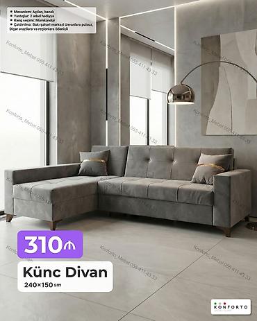 Künc divan – 240×150 sm - Mexanizm: açılan, bazalı (yataq funksiyası