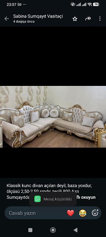 Klassik kunc divan açılan deyil, baza yoxdur, ölçüsü 2,50-2,50 smdır