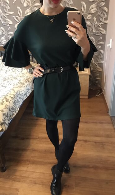 платье туника турция: Bershka XS, S, цвет - Зеленый, Свободного кроя