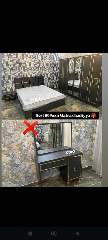 masa desdi: Yataq otağı mebel dəsti Tərkibi: - Çarpayı (böyük ölçülü, yumşaq — 1