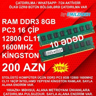 Ana platalar: Operativ yaddaş (RAM) Kingston, 8 GB, 1600 Mhz, DDR3, PC üçün, Yeni