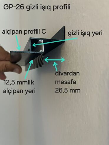 alciban profili: Gizli işıq profili. Qiyməti 1 metri 12.50azndir. Kölge profili 5.00