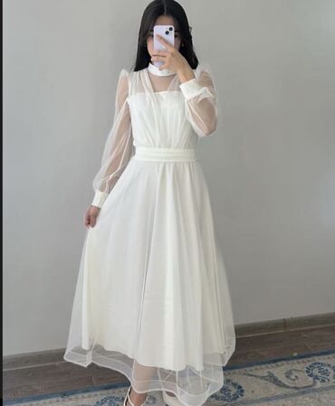 белые кюлоты: Вечернее платье, Пышное, Длинная модель, С рукавами, XL (EU 42)