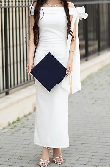 Donlar: Ağ rəngli uzun ziyafət/libas - Model: off-shoulder (çiyinlər açıq) — 2