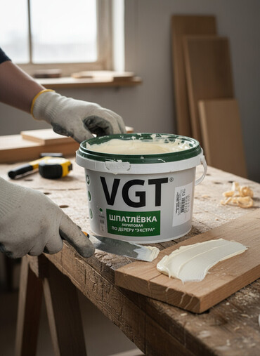 шпаклёвка: Акриловая шпатлевка VGT для дерева, предназначенная для выравнивания
