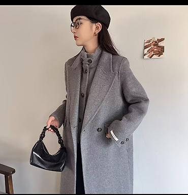 Пальто, Классика, Зима, Трикотаж, По колено, Двубортная модель, Стандарт